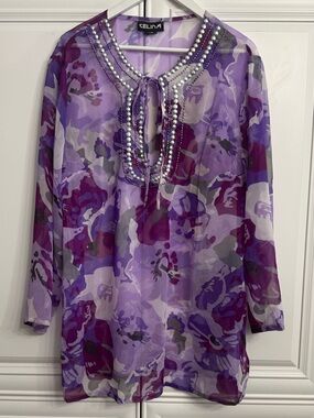 Celina Size L/XL Sheer Chiffon Swim Cover-Up w/Floral Print in Hues of Purple